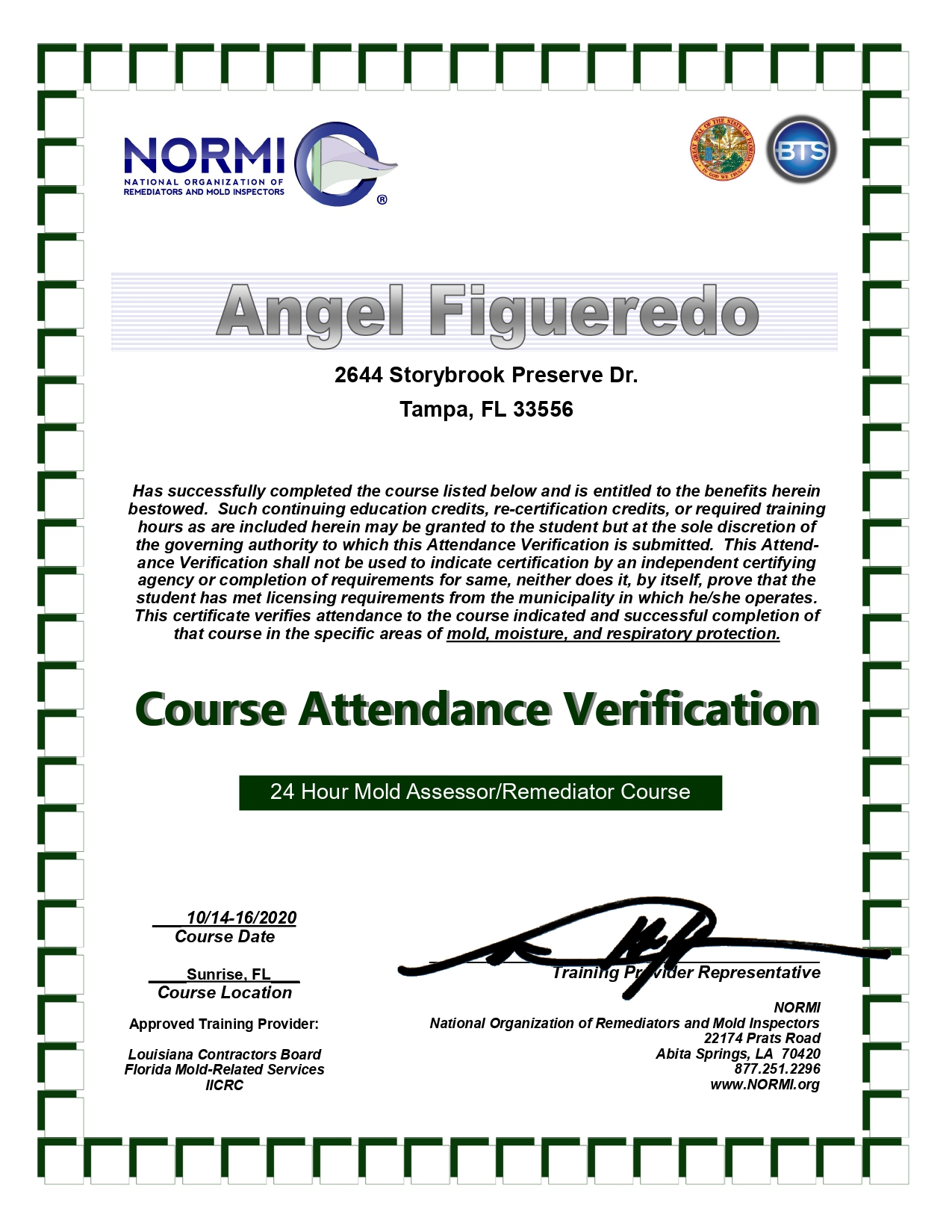 Certificate of Mold Assesor and Remediator