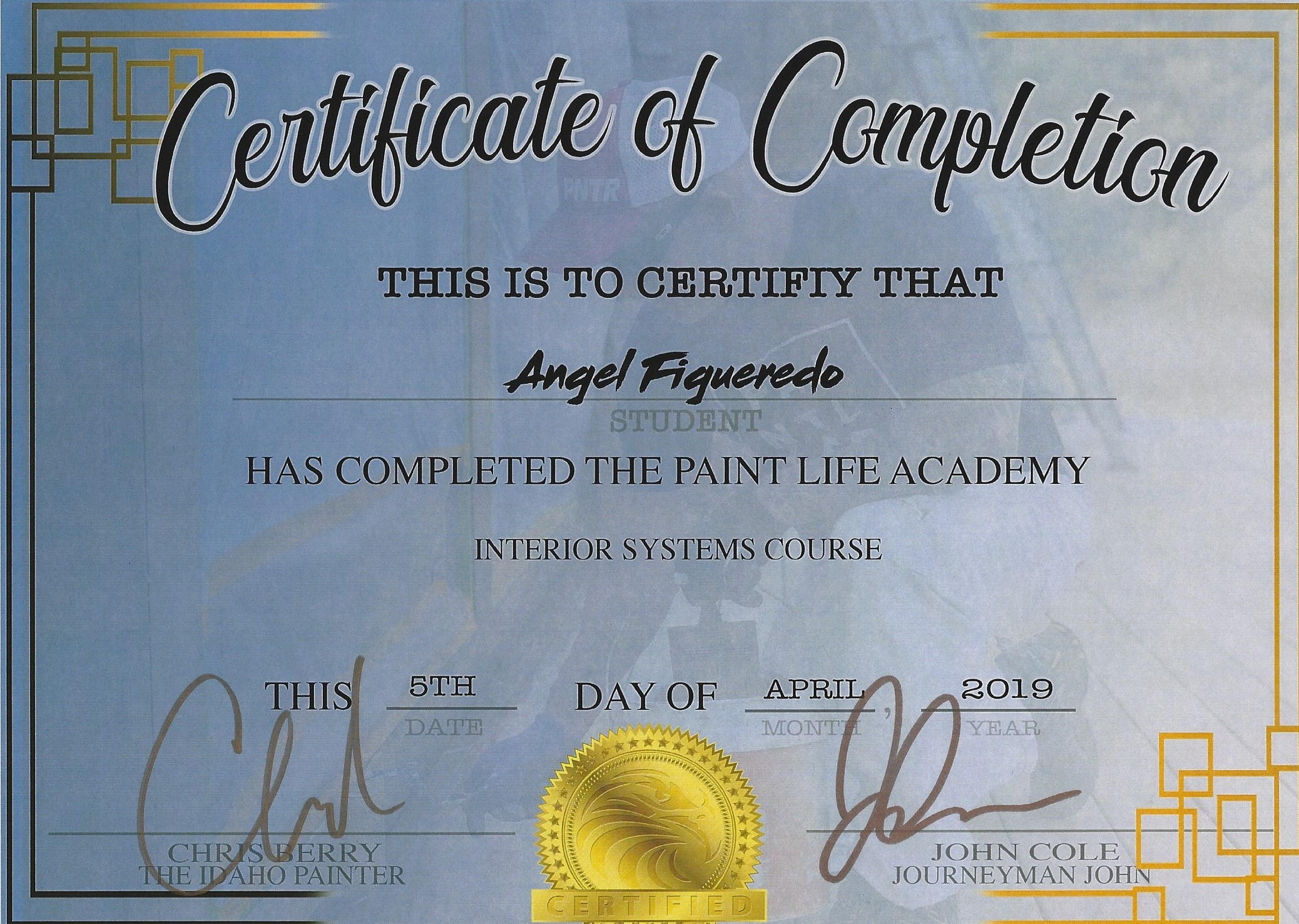 Certificate of Painter - Interior Systems